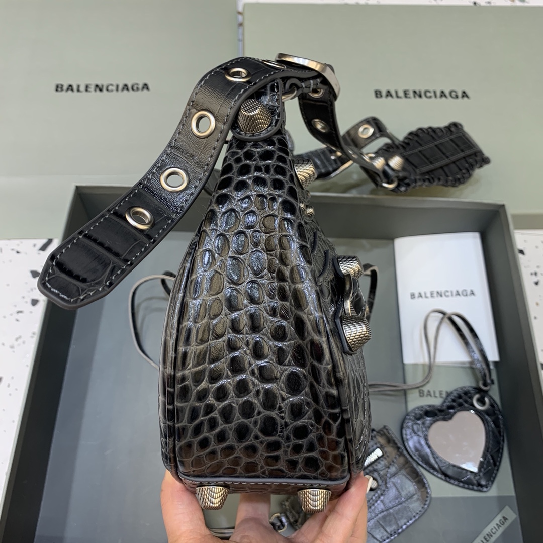 Balenciaga Le Cagole Small Shoulder Bag Crocodile Embossed Black